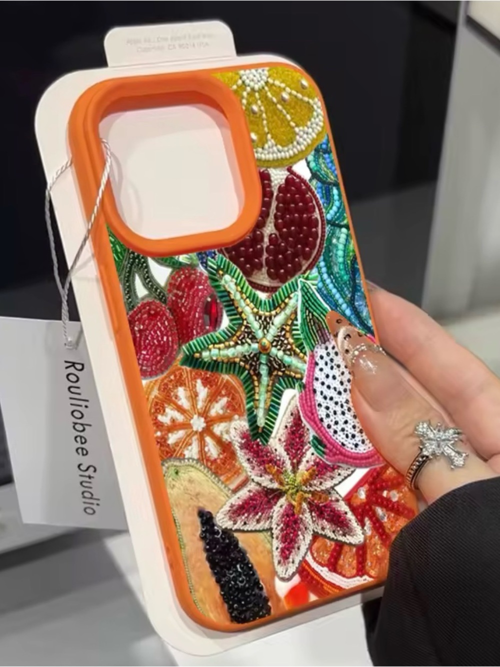 Orange Beaded Fruit & Starfish iPhone 15 Pro Silicon Case + Screen Protector